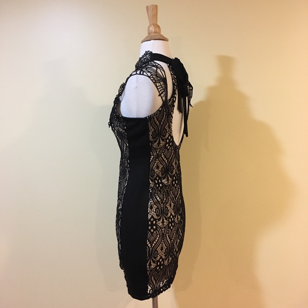 Crochet Lace Open Tie Back Nude Bodycon Dress - Picture 6 of 8
